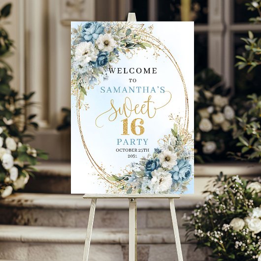 Modern Light Blue Flowers Sweet 16 Welcome Poster ポスター