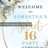 Modern Light Blue Flowers Sweet 16 Welcome Poster ポスター