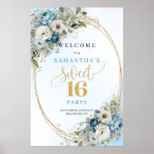 Modern Light Blue Flowers Sweet 16 Welcome Poster ポスター (正面)