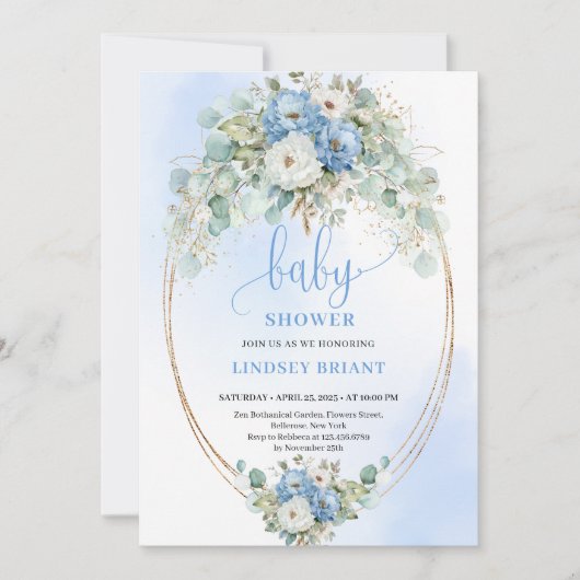 Modern Light Blue Peonies Eucalyptus Baby Shower 招待状 (正面)