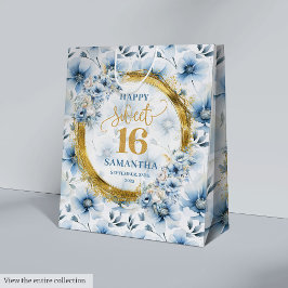 Modern Light Blue Sweet 16 Gold Glitter Party Bag ミディアムペーパーバッグ
