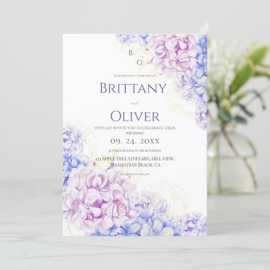 Modern Lilac & Blue Floral Wedding 招待状 (スタンド正面)