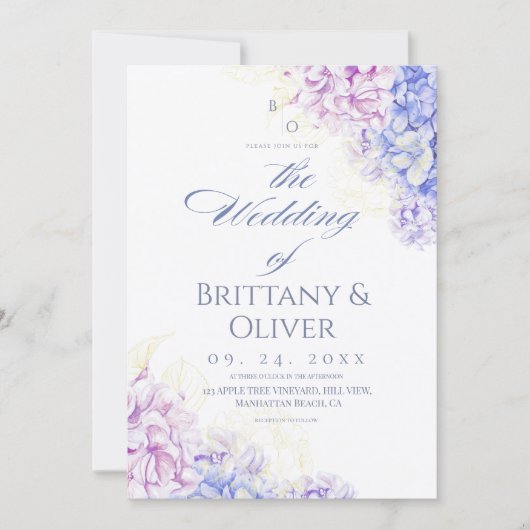  Modern Lilac & Blue Spring  Floral Wedding 招待状 (正面)