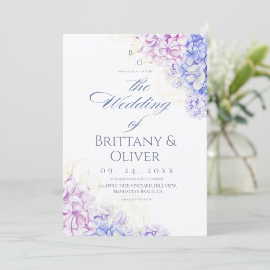  Modern Lilac & Blue Spring  Floral Wedding 招待状 (スタンド正面)
