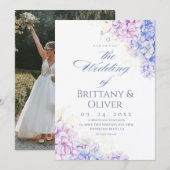  Modern Lilac & Blue Spring  Floral Wedding 招待状 (正面/裏面)