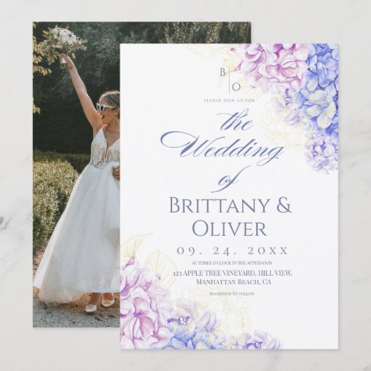  Modern Lilac & Blue Spring  Floral Wedding 招待状 (正面/裏面)