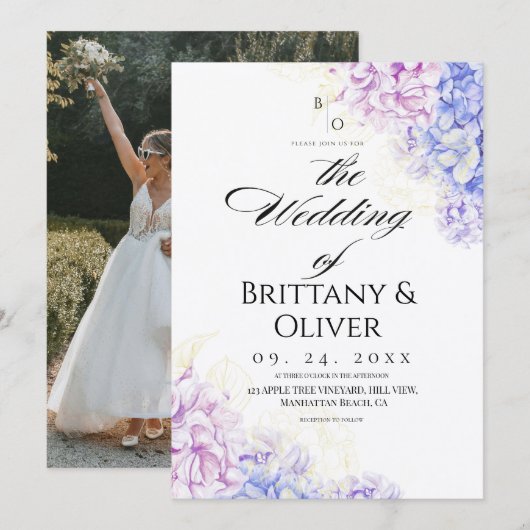  Modern Lilac & Blue Spring  Floral Wedding 招待状 (正面/裏面)