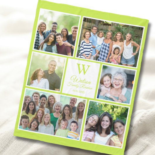 Modern Lime Green Family Reunion Monogram Photo フリースブランケット