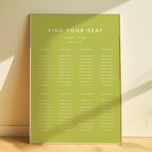 Modern Lime Green Wedding 8-Table Seating Chart ポスター