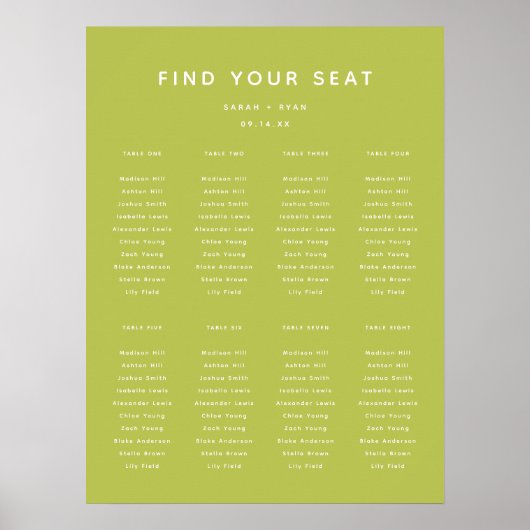 Modern Lime Green Wedding 8-Table Seating Chart ポスター (正面)
