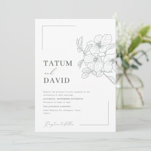 Modern Line Art Floral Green Wedding Invite 招待状 (スタンド正面)