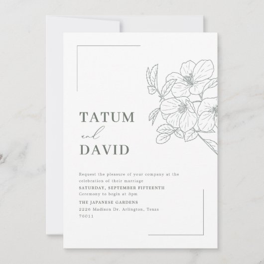 Modern Line Art Floral Green Wedding Invite 招待状 (正面)