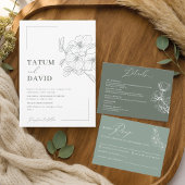 Modern Line Art Floral Green Wedding Invite 招待状