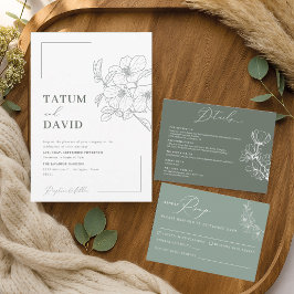 Modern Line Art Floral Green Wedding Invite 招待状