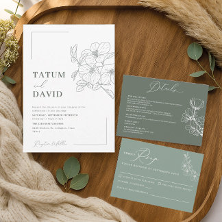 Modern Line Art Floral Green Wedding Invite 招待状