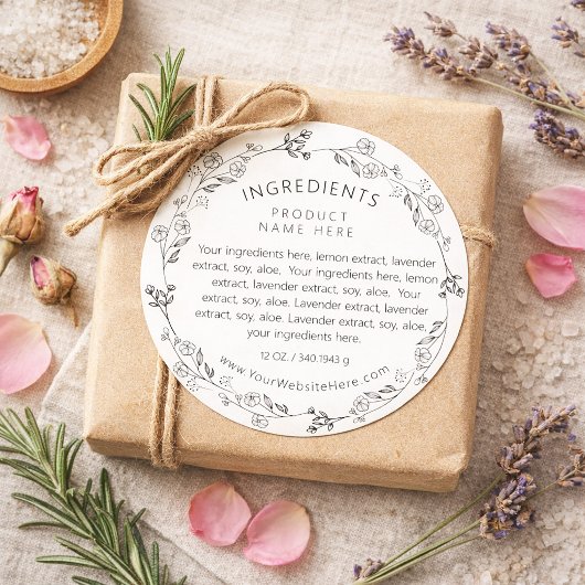 Modern Line Art Floral Wreath Ingredients Labels ラウンドシール