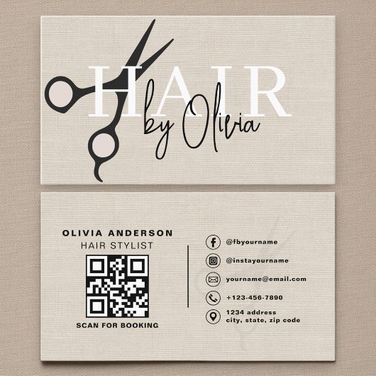 Modern Linen Scissors QR Code Hair Stylist 名刺