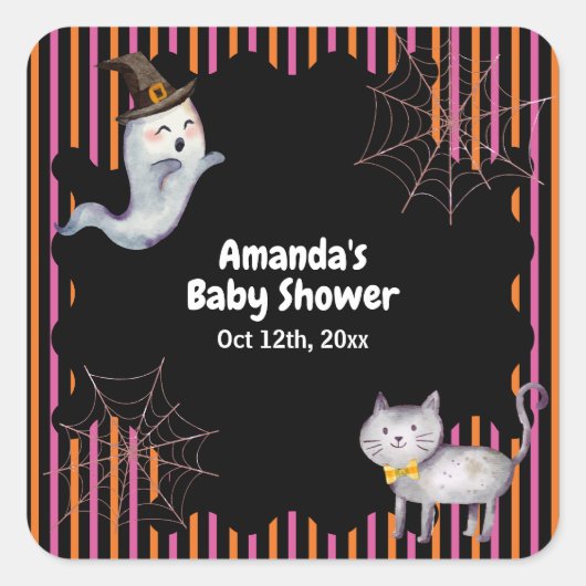 Modern Little Boo Ghost Cat Baby Shower  スクエアシール (正面)