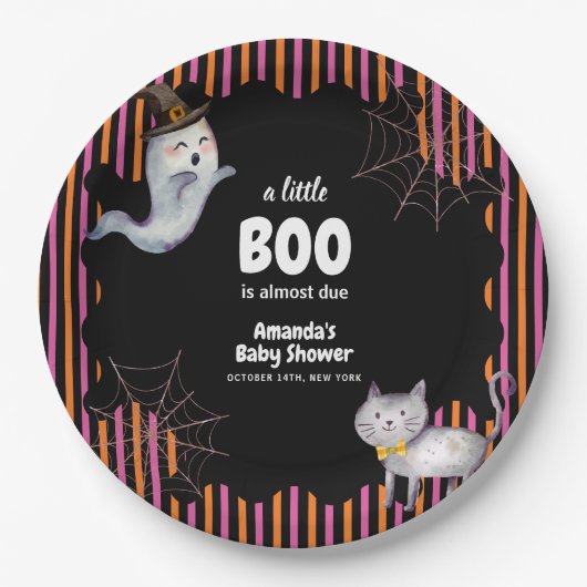 Modern Little Boo Ghost Cat Baby Shower  ペーパープレート (正面)