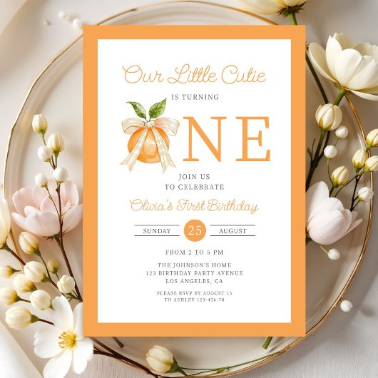 Modern Little Cutie Orange Citrus 1st Birthday 招待状