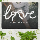 Modern Love Bow Typography Couple Custom Photo キッチンタオル (折り畳み)