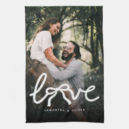 Modern Love Bow Typography Couple Custom Photo キッチンタオル