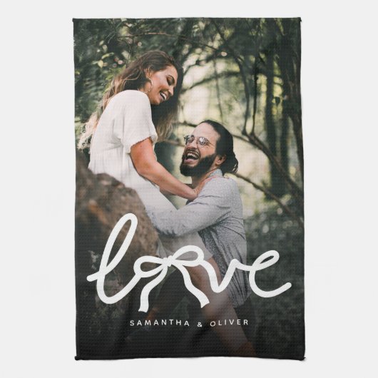 Modern Love Bow Typography Couple Custom Photo キッチンタオル (縦)