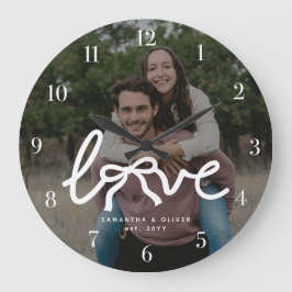 Modern Love Bow Typography Couple Custom Photo ラージ壁時計