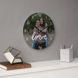 Modern Love Bow Typography Couple Custom Photo ラージ壁時計