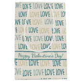 Modern LOVE Pattern in Teal and Gold with Message ミディアムペーパーバッグ (正面)