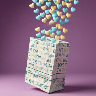 Modern LOVE Pattern in Teal and Gold with Message ミディアムペーパーバッグ