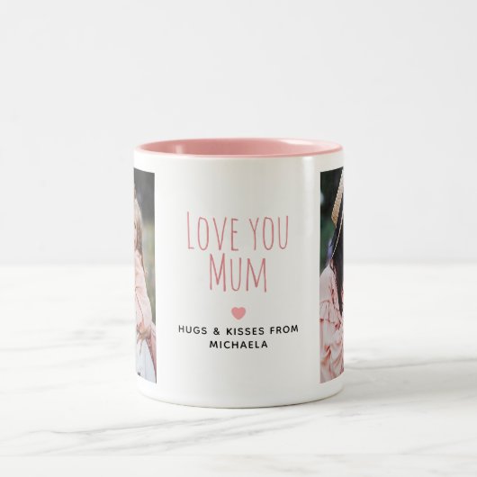 Modern Love you Mum 2枚の写真とメッセージ入り ツートーンマグカップ (中央)