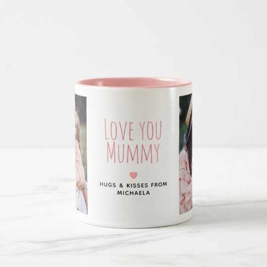 Modern Love you Mummy 2枚の写真とメッセージ入り ツートーンマグカップ (中央)
