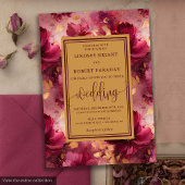 Modern Lux Deep Red Blush Gold Roses Wedding  招待状