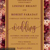 Modern Lux Deep Red Blush Gold Roses Wedding  招待状