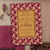 Modern Lux Maroon Gold Flowers Wedding Invitation 招待状
