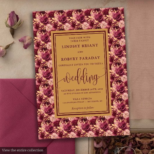 Modern Lux Maroon Gold Flowers Wedding Invitation 招待状