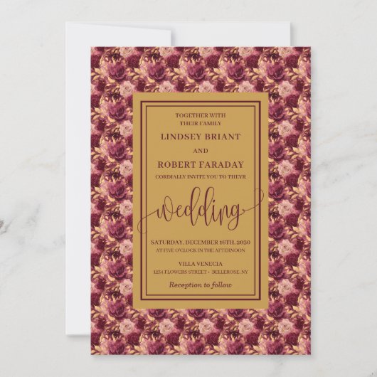Modern Lux Maroon Gold Flowers Wedding Invitation 招待状 (正面)
