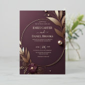 Modern Luxe 3D Rose Gold Floral Plum Wedding 箔招待状 (立ち正面)