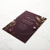 Modern Luxe 3D Rose Gold Floral Plum Wedding 箔招待状 (回転した状態)