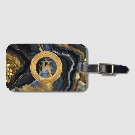 Modern Luxe Black Gold Agate Marble Monogram ラゲッジタグ (正面横)
