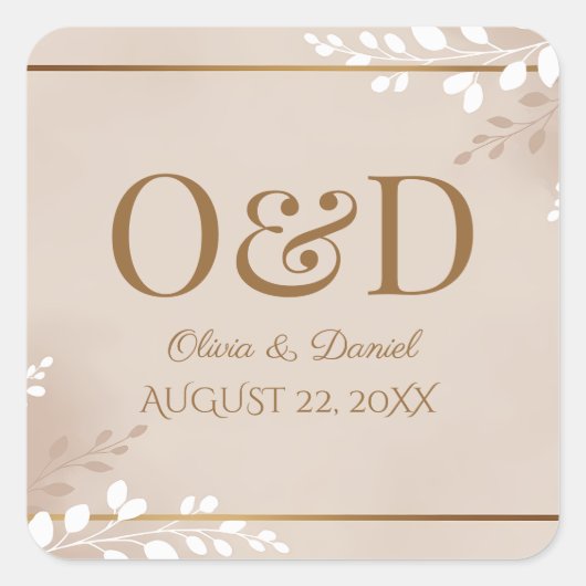 Modern Luxe Neutral & Gold Monogram Wedding スクエアシール (正面)