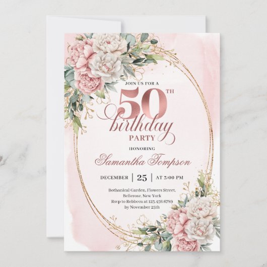 Modern Luxe Rose Gold 50th Birthday Party Invites 招待状 (正面)
