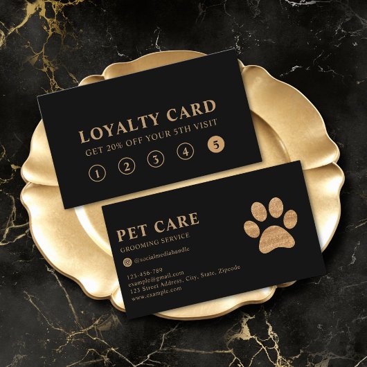 Modern Luxury Black Gold Pet Paw Loyalty Card 名刺