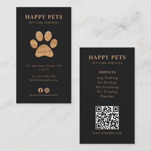 Modern Luxury Charcoal Gold Paw Pet Care Services 名刺 (正面/裏面)