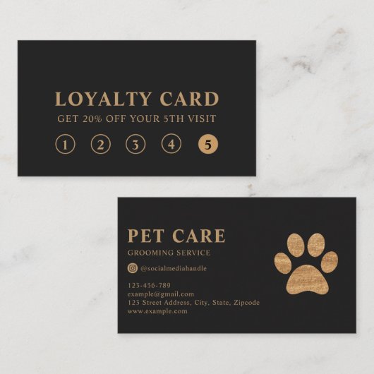 Modern Luxury Charcoal Gold Pet Paw Loyalty Card 名刺 (正面/裏面)