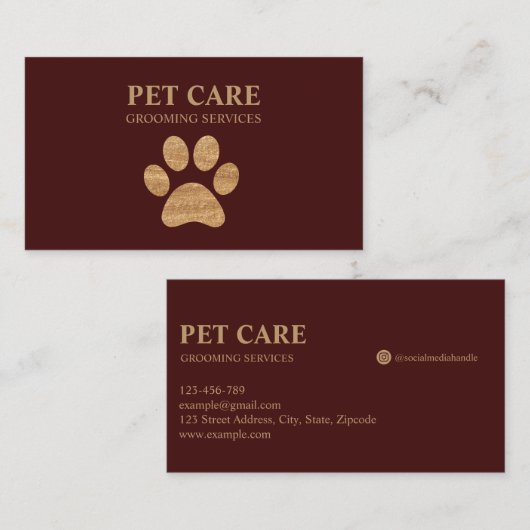 Modern Luxury Golden Paw Pet Grooming Service Red 名刺 (正面/裏面)