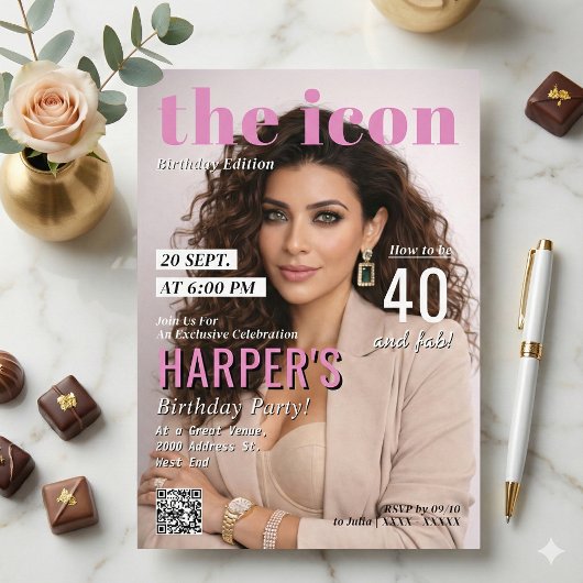 Modern Magazine Cover Photo Birthday Party 招待状