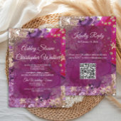 Modern Magenta Plum Gold QR code Wedding 招待状