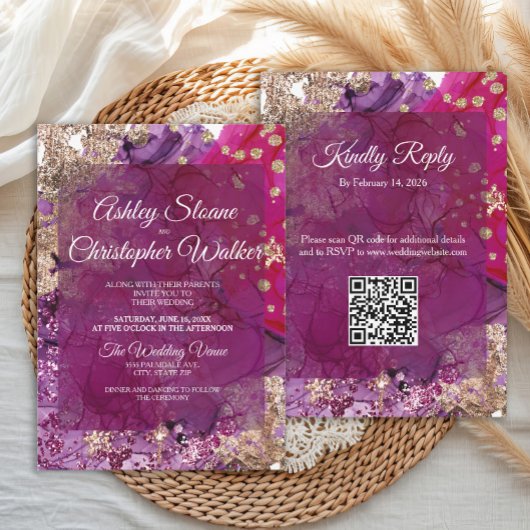 Modern Magenta Plum Gold QR code Wedding 招待状
